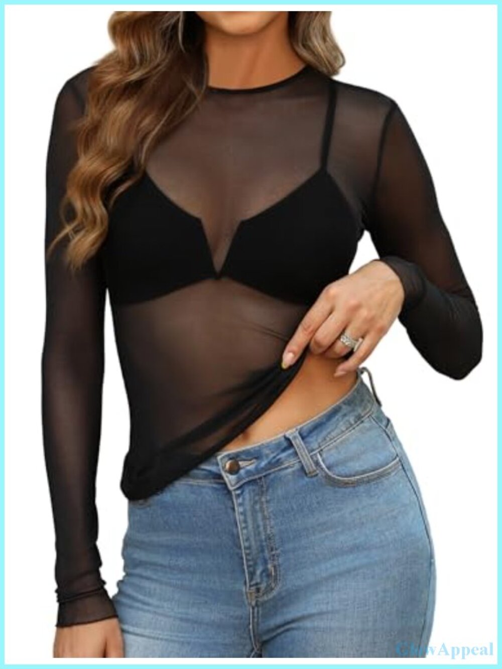 Womens Mesh Lace Long Sleeve Crewneck Slim Fitted Sheer Blouse Top